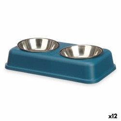 Comedouro para Gato Duplo Azul Metal 35 x 7,5 x 19 cm (12 Unidades)